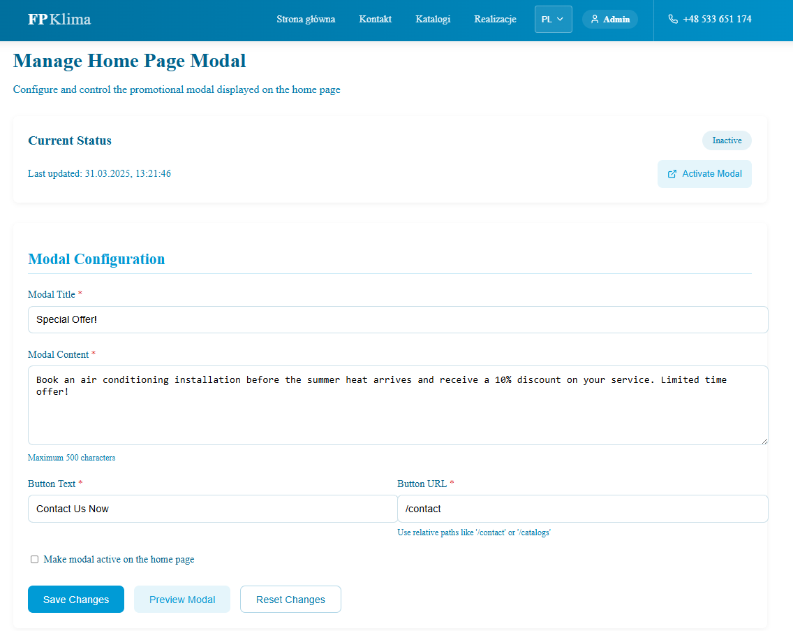 Admin panel for managing promotional modal content and visibility