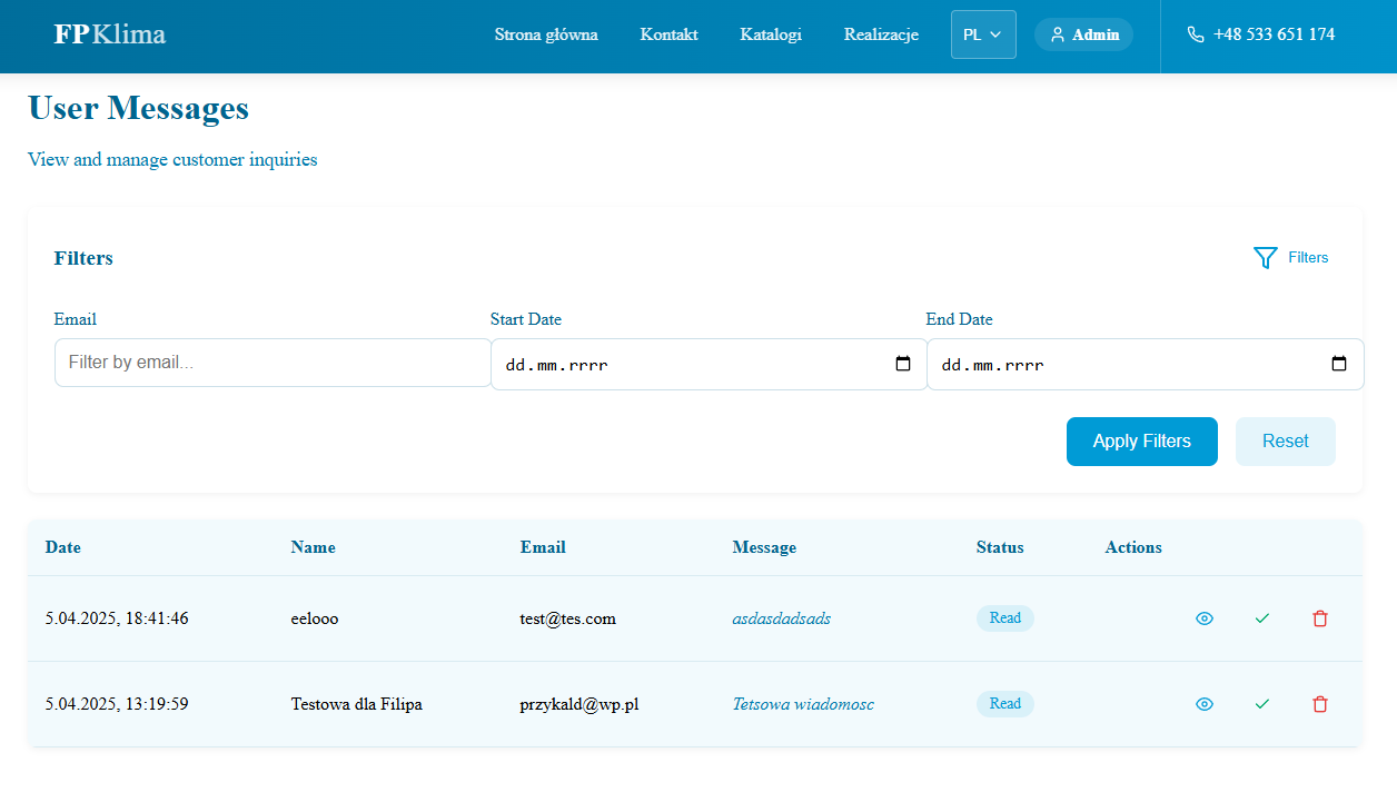 Message management system for customer inquiries with sorting and filtering