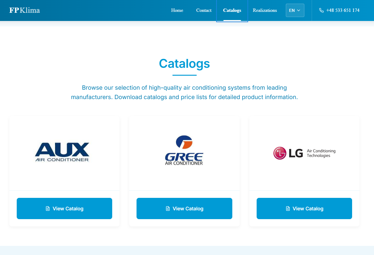 Product catalog browser showing available air conditioning systems