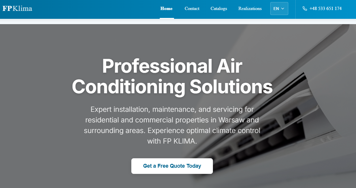 Main page with service highlights and company introduction