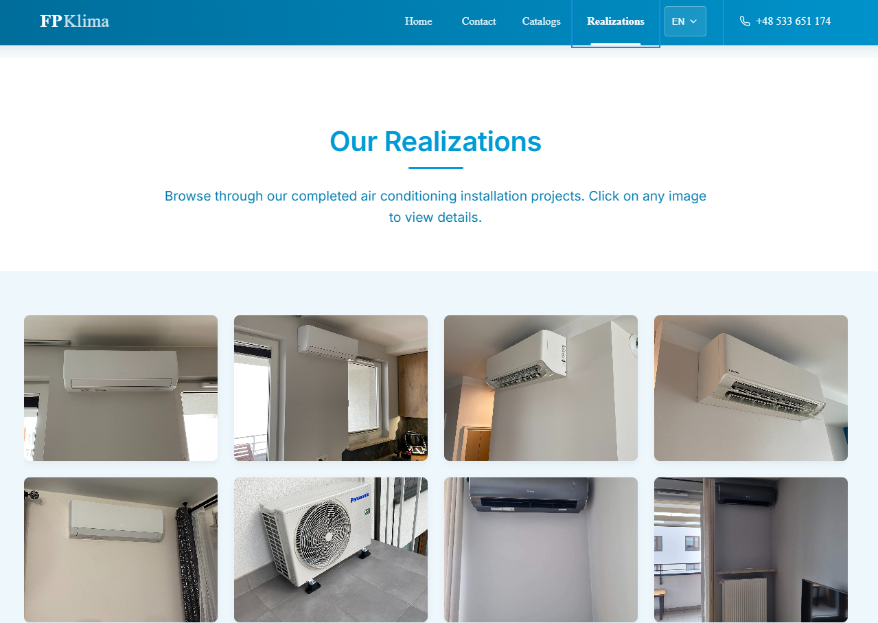 Portfolio page showcasing completed installations with filtering options