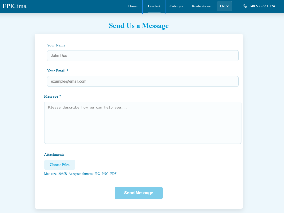 Customer contact form with validation and submission confirmation