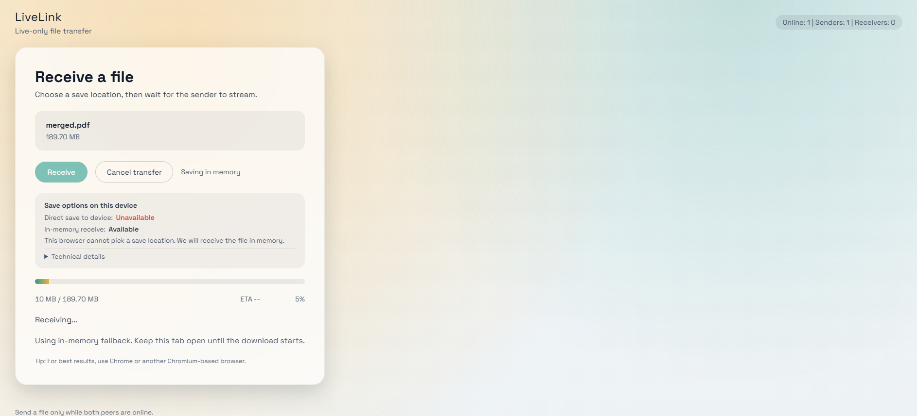 Live session view with sender and receiver status